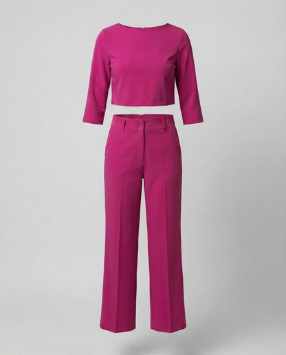 Effortless Wide Leg Set for Women with Boat Neck Elbow Sleeve Cropped Top Two Piece Style