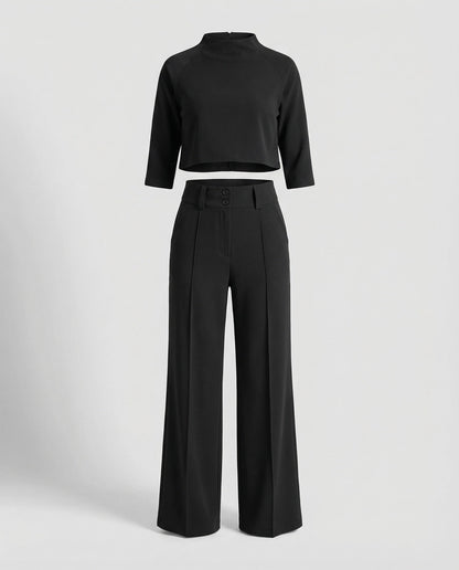 Effortless Wide Leg Set for Women with Boat Neck Elbow Sleeve Cropped Top Two Piece Style