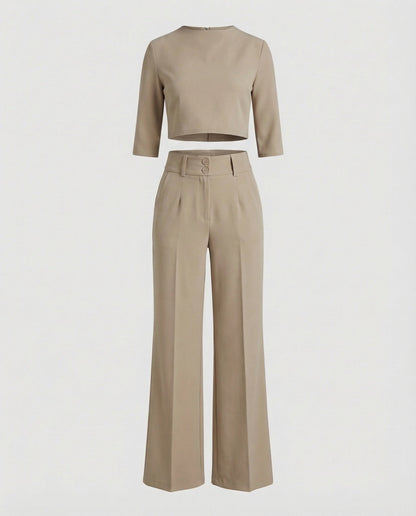 Effortless Wide Leg Set for Women with Boat Neck Elbow Sleeve Cropped Top Two Piece Style