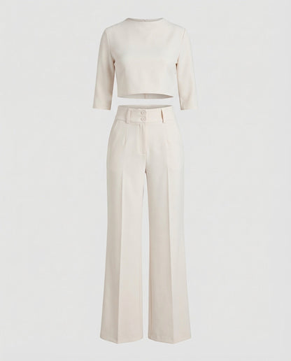 Effortless Wide Leg Set for Women with Boat Neck Elbow Sleeve Cropped Top Two Piece Style