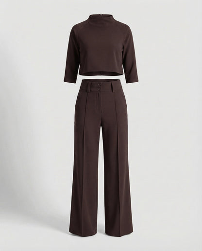 Effortless Wide Leg Set for Women with Boat Neck Elbow Sleeve Cropped Top Two Piece Style