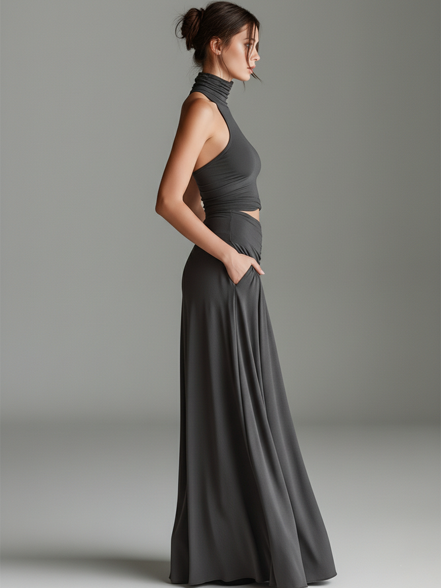 Elegant Charcoal Gray Two Piece Set for Women with Mock Neck Sleeveless Cutout Waist Flowing Style