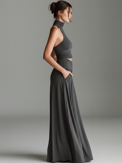 Elegant Charcoal Gray Two Piece Set for Women with Mock Neck Sleeveless Cutout Waist Flowing Style