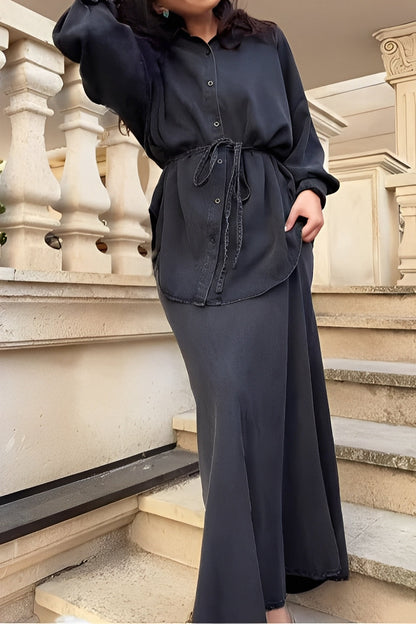 Elegant Satin Two Piece Set for Women with Button Front Long Sleeve Drawstring Waist Maxi Skirt Formal Style