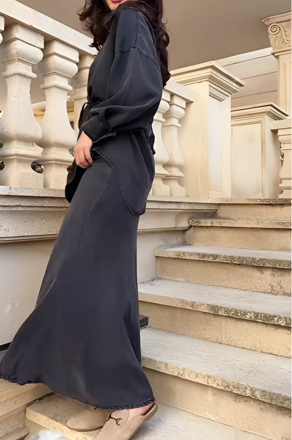 Elegant Satin Two Piece Set for Women with Button Front Long Sleeve Drawstring Waist Maxi Skirt Formal Style