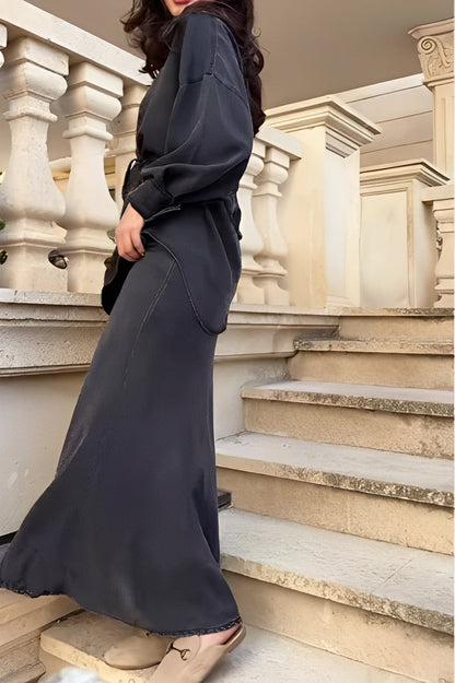 Elegant Satin Two Piece Set for Women with Button Front Long Sleeve Drawstring Waist Maxi Skirt Formal Style