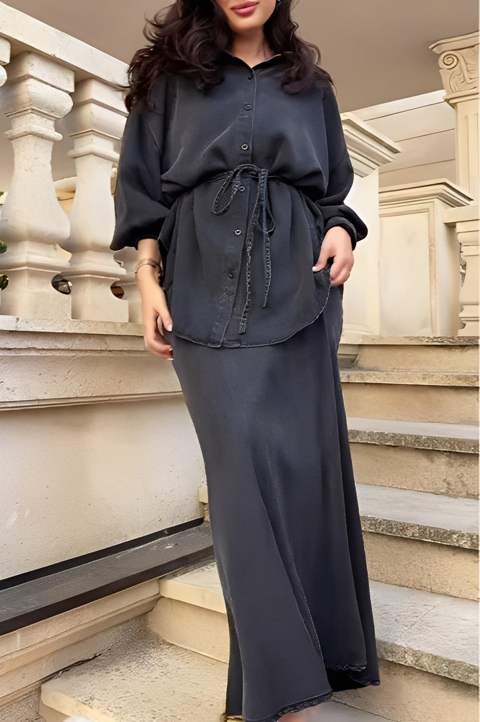 Elegant Satin Two Piece Set for Women with Button Front Long Sleeve Drawstring Waist Maxi Skirt Formal Style