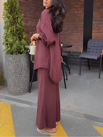 Elegant Satin Two Piece Set for Women with Button Front Long Sleeve Drawstring Waist Maxi Skirt Formal Style