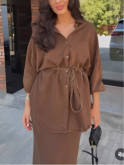 Elegant Satin Two Piece Set for Women with Button Front Long Sleeve Drawstring Waist Maxi Skirt Formal Style