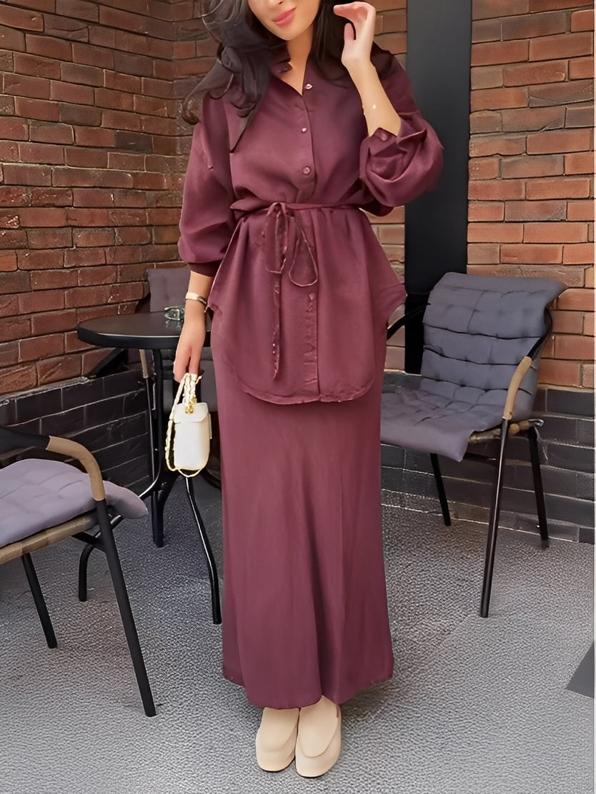 Elegant Satin Two Piece Set for Women with Button Front Long Sleeve Drawstring Waist Maxi Skirt Formal Style