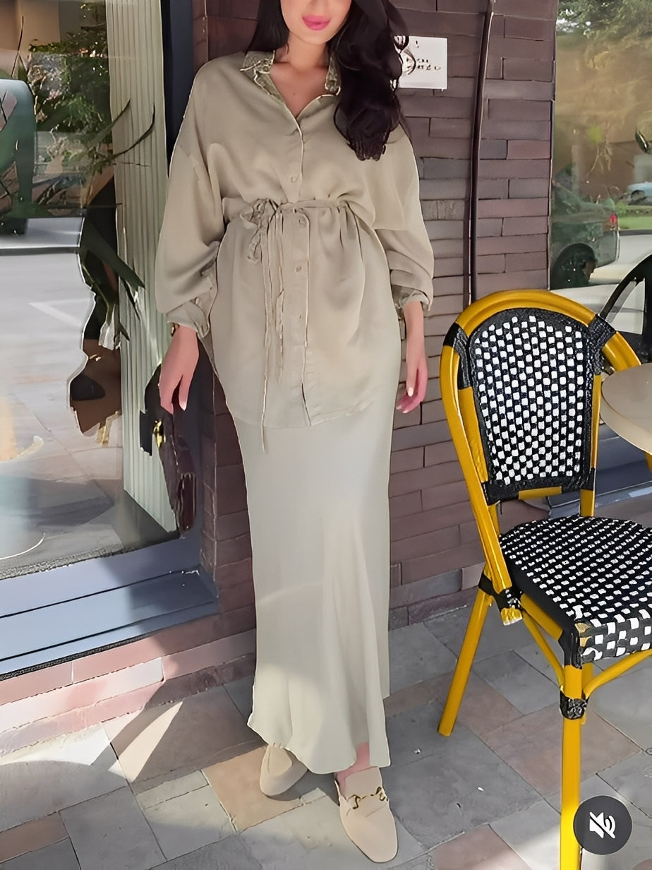 Elegant Satin Two Piece Set for Women with Button Front Long Sleeve Drawstring Waist Maxi Skirt Formal Style