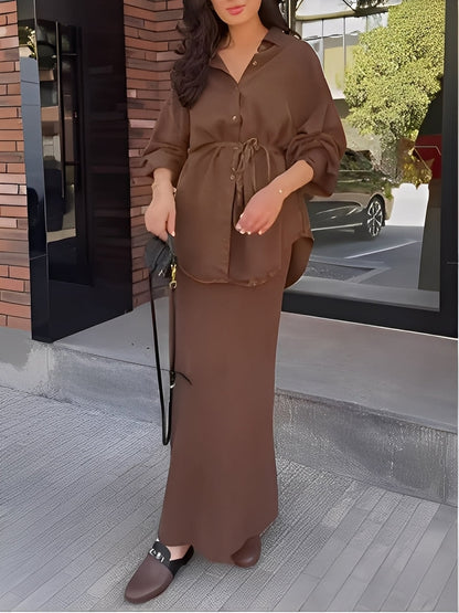 Elegant Satin Two Piece Set for Women with Button Front Long Sleeve Drawstring Waist Maxi Skirt Formal Style
