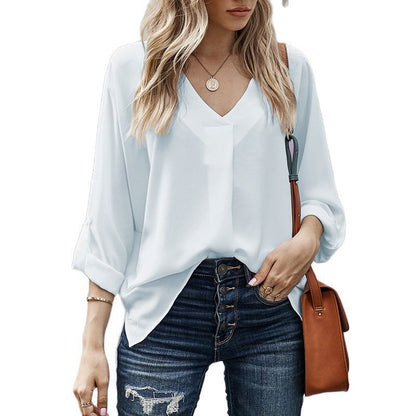 Effortless Chiffon Blouse for Women with V Neck Roll Tab Sleeve Oversized Relaxed Style