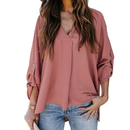 Effortless Chiffon Blouse for Women with V Neck Roll Tab Sleeve Oversized Relaxed Style