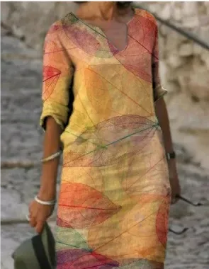 Effortless Linen Midi Dress for Women with V Neck Elbow Sleeve Relaxed Shift Casual Style