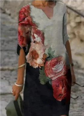 Effortless Linen Midi Dress for Women with V Neck Elbow Sleeve Relaxed Shift Casual Style