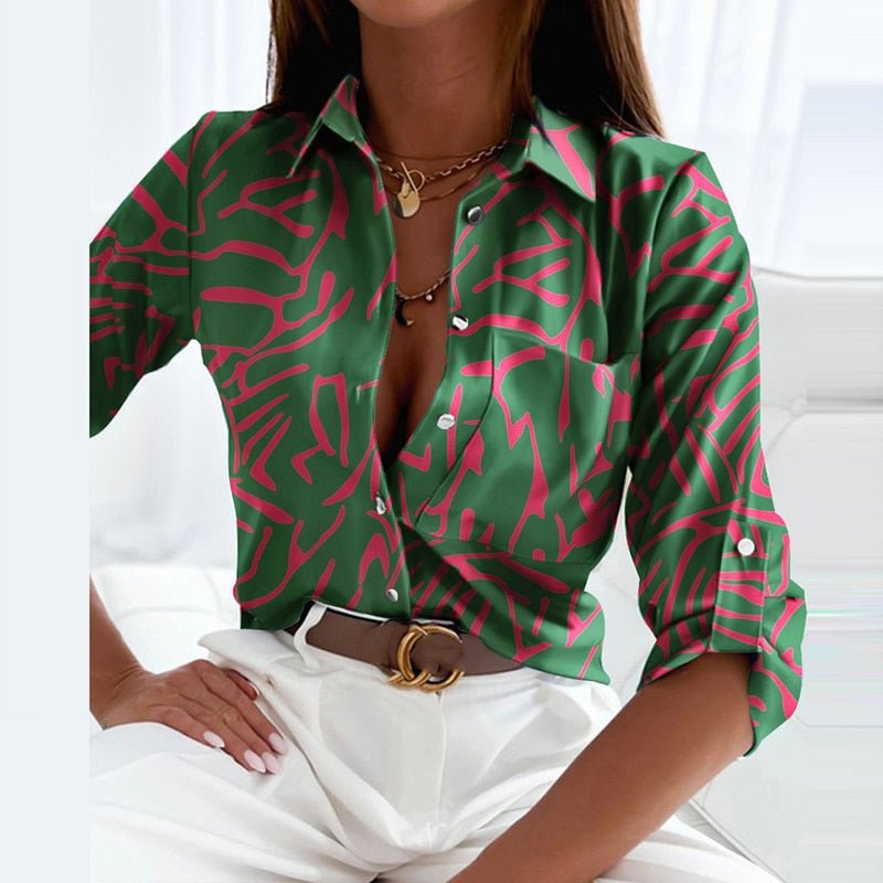 Effortless Abstract Print Blouse for Women with Collar Long Sleeve Button Front Relaxed Style