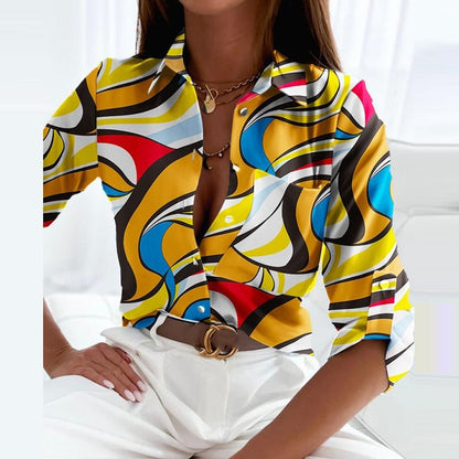Effortless Abstract Print Blouse for Women with Collar Long Sleeve Button Front Relaxed Style