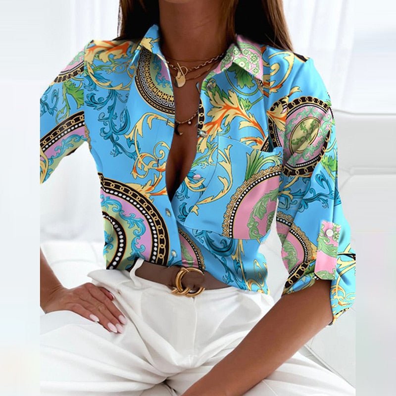 Effortless Abstract Print Blouse for Women with Collar Long Sleeve Button Front Relaxed Style
