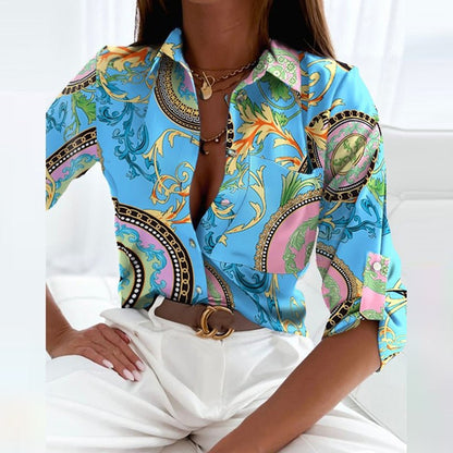 Effortless Abstract Print Blouse for Women with Collar Long Sleeve Button Front Relaxed Style