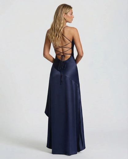 Effortless Satin Autumn Wedding Guest Dress for Women with Sweetheart Neck Thin Strap Asymmetric Hem Ruffle Open Back Style