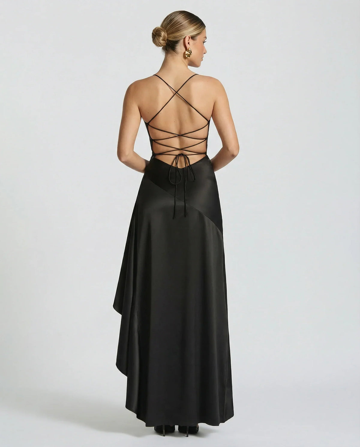 Effortless Satin Autumn Wedding Guest Dress for Women with Sweetheart Neck Thin Strap Asymmetric Hem Ruffle Open Back Style