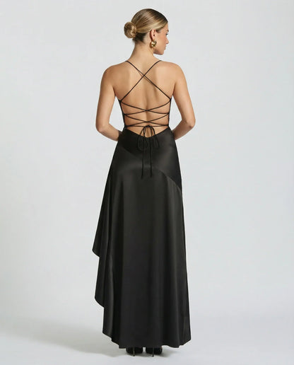 Effortless Satin Autumn Wedding Guest Dress for Women with Sweetheart Neck Thin Strap Asymmetric Hem Ruffle Open Back Style