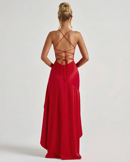 Effortless Satin Autumn Wedding Guest Dress for Women with Sweetheart Neck Thin Strap Asymmetric Hem Ruffle Open Back Style