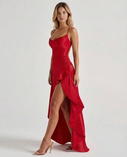 Effortless Satin Autumn Wedding Guest Dress for Women with Sweetheart Neck Thin Strap Asymmetric Hem Ruffle Open Back Style