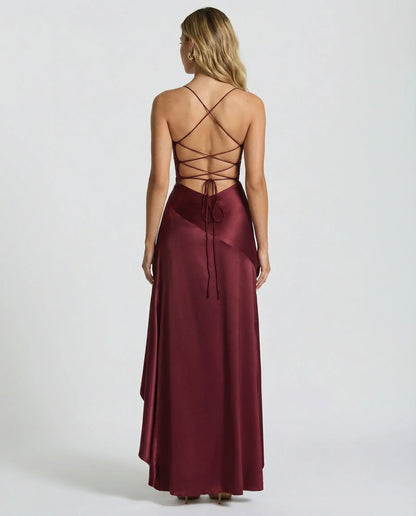 Effortless Satin Autumn Wedding Guest Dress for Women with Sweetheart Neck Thin Strap Asymmetric Hem Ruffle Open Back Style