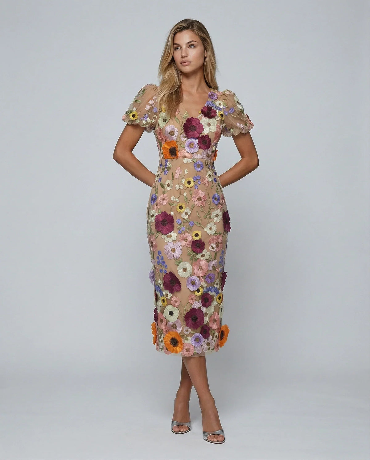 Effortless Floral Fall Wedding Guest Dress for Women with V Neck Puff Sleeve Bodycon Midi Cocktail Style