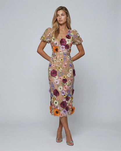 Effortless Floral Fall Wedding Guest Dress for Women with V Neck Puff Sleeve Bodycon Midi Cocktail Style