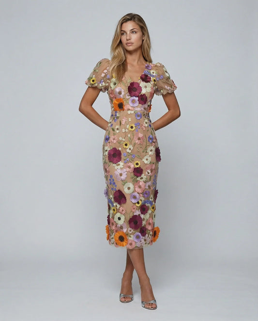 Effortless Floral Fall Wedding Guest Dress for Women with V Neck Puff Sleeve Bodycon Midi Cocktail Style