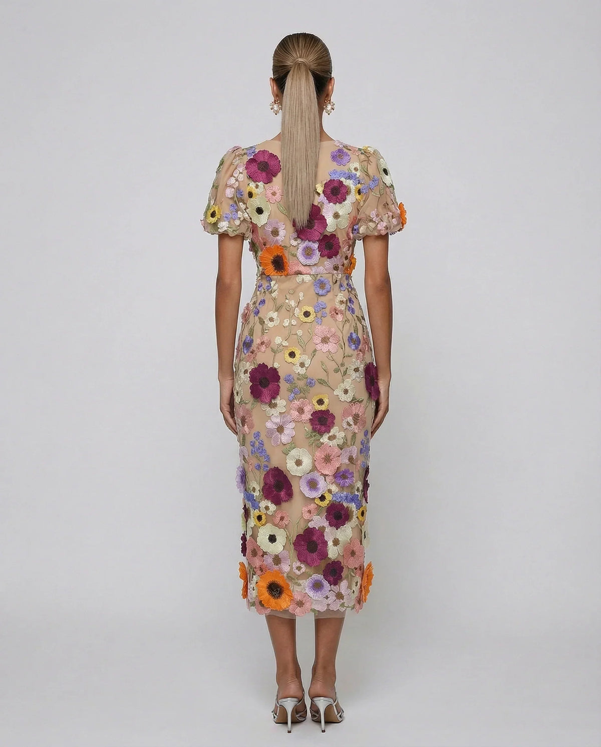 Effortless Floral Fall Wedding Guest Dress for Women with V Neck Puff Sleeve Bodycon Midi Cocktail Style