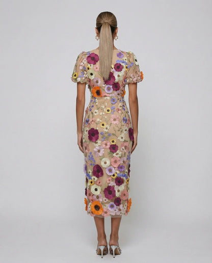 Effortless Floral Fall Wedding Guest Dress for Women with V Neck Puff Sleeve Bodycon Midi Cocktail Style