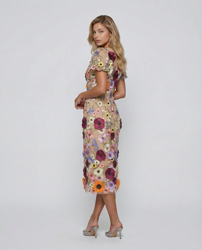 Effortless Floral Fall Wedding Guest Dress for Women with V Neck Puff Sleeve Bodycon Midi Cocktail Style
