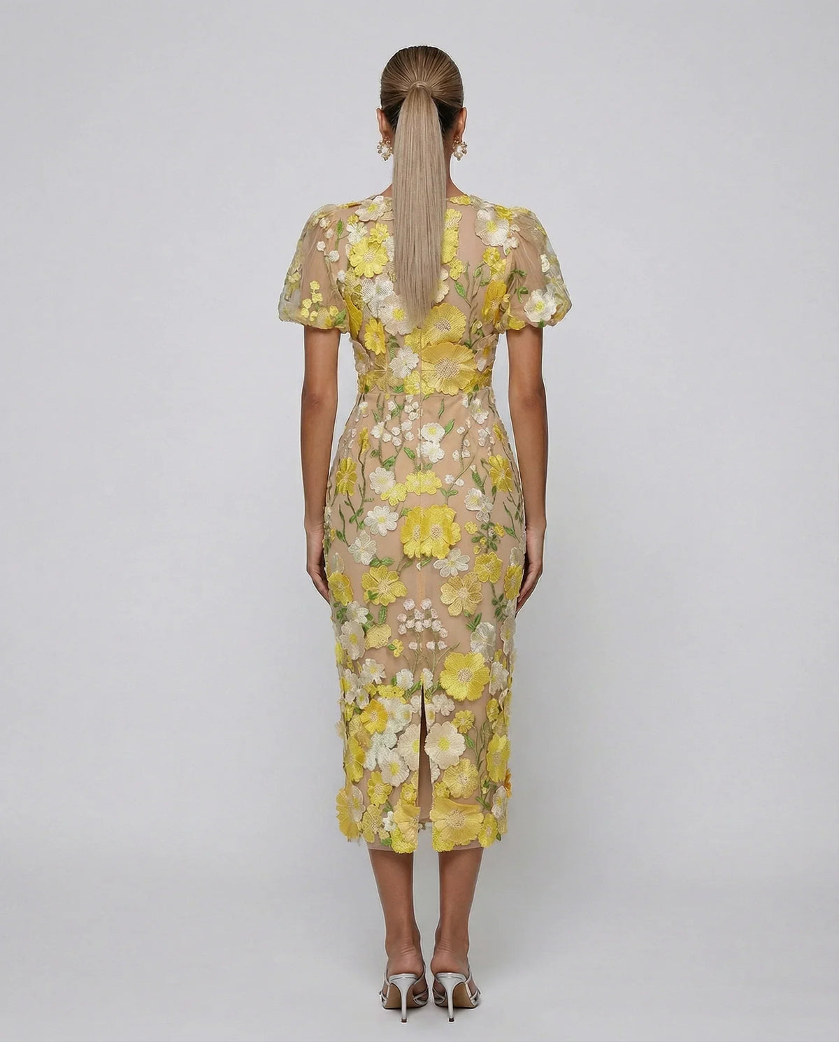 Effortless Floral Fall Wedding Guest Dress for Women with V Neck Puff Sleeve Bodycon Midi Cocktail Style
