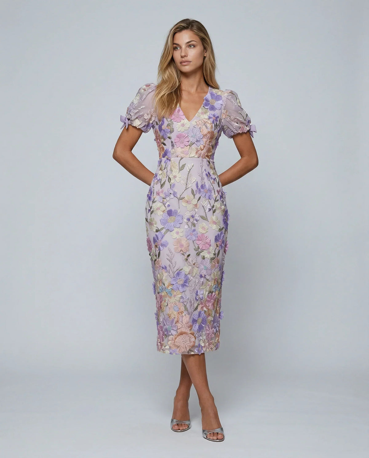 Effortless Floral Fall Wedding Guest Dress for Women with V Neck Puff Sleeve Bodycon Midi Cocktail Style