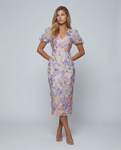 Effortless Floral Fall Wedding Guest Dress for Women with V Neck Puff Sleeve Bodycon Midi Cocktail Style