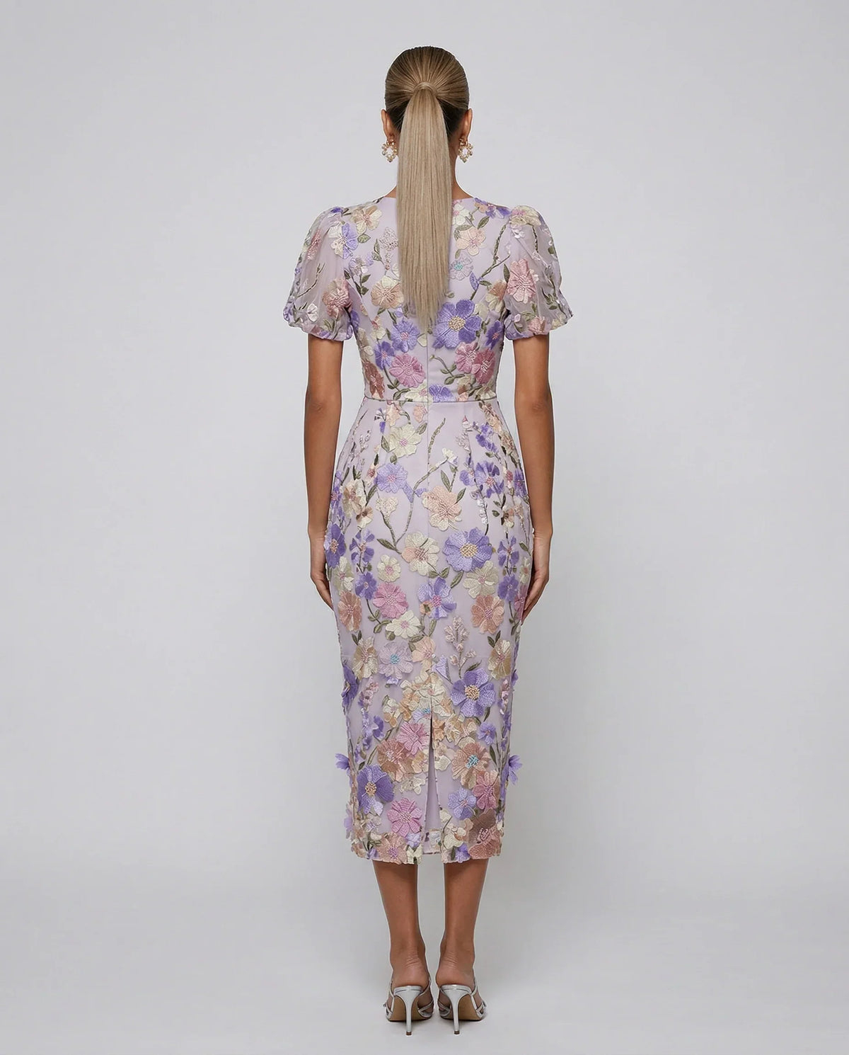Effortless Floral Fall Wedding Guest Dress for Women with V Neck Puff Sleeve Bodycon Midi Cocktail Style