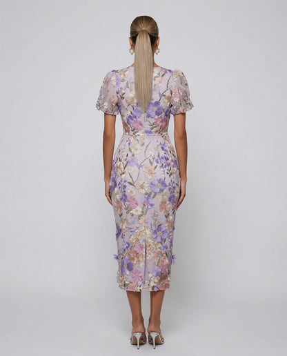Effortless Floral Fall Wedding Guest Dress for Women with V Neck Puff Sleeve Bodycon Midi Cocktail Style