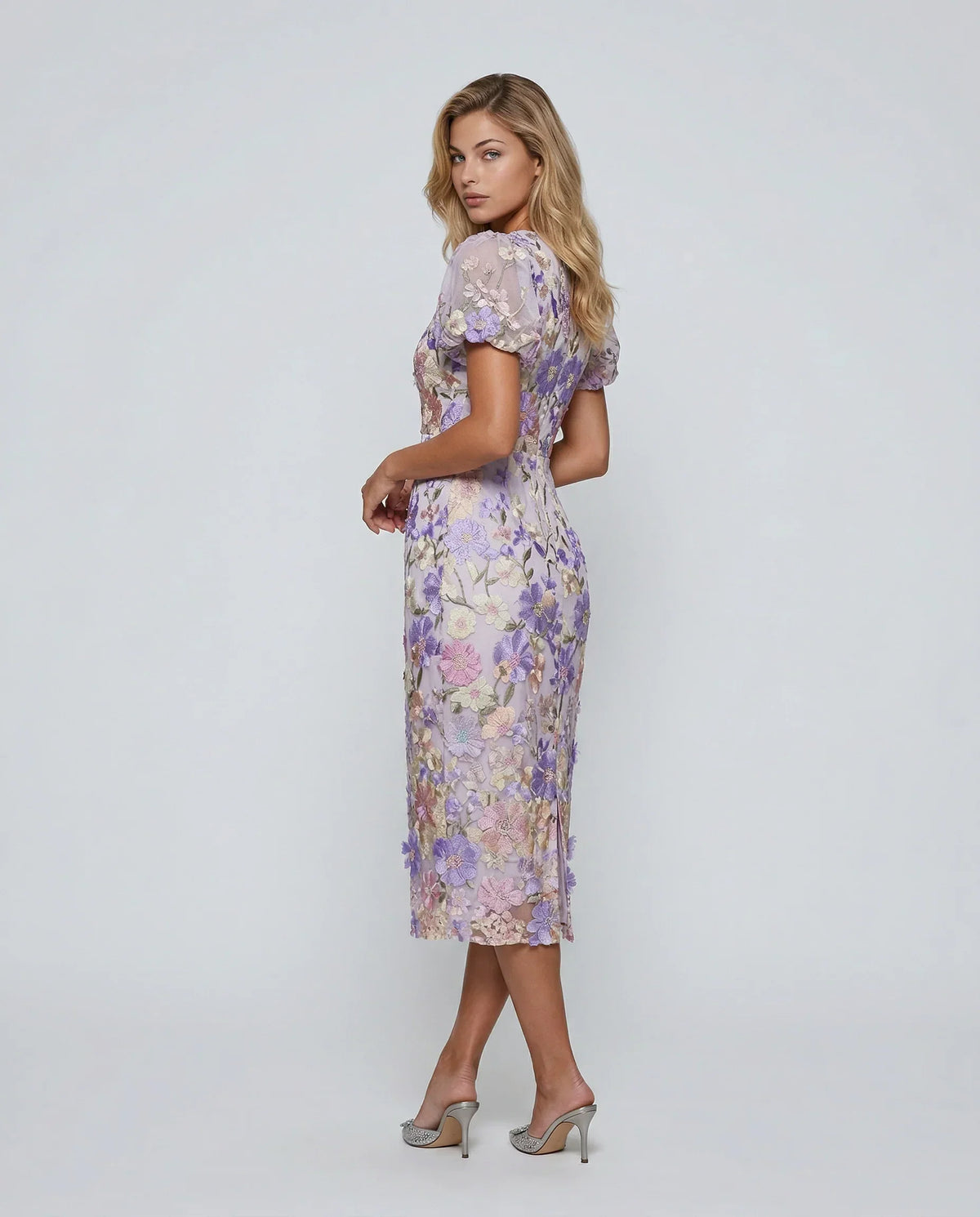 Effortless Floral Fall Wedding Guest Dress for Women with V Neck Puff Sleeve Bodycon Midi Cocktail Style