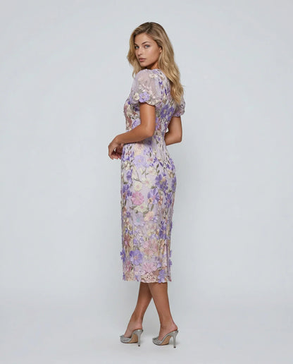 Effortless Floral Fall Wedding Guest Dress for Women with V Neck Puff Sleeve Bodycon Midi Cocktail Style