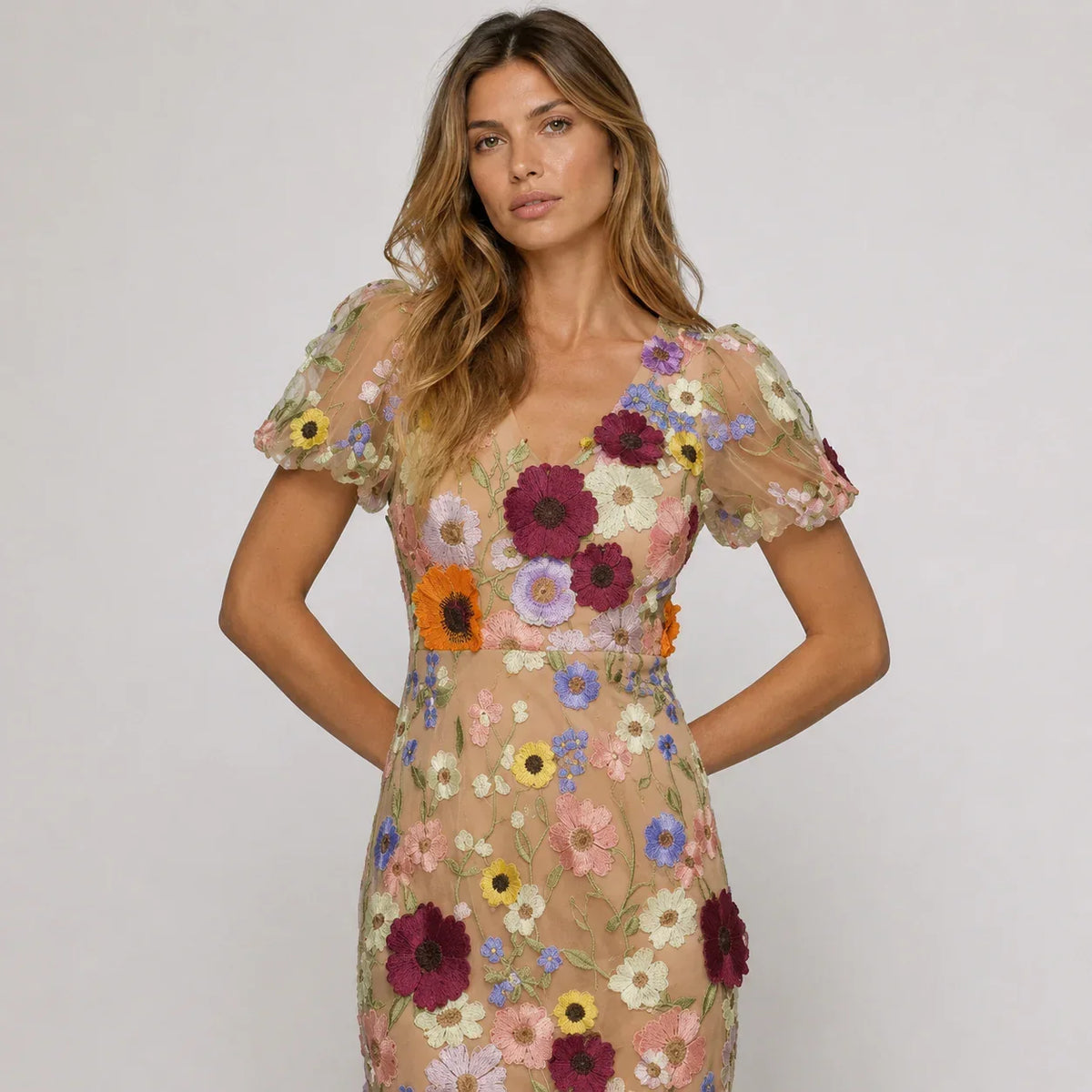 Effortless Floral Fall Wedding Guest Dress for Women with V Neck Puff Sleeve Bodycon Midi Cocktail Style