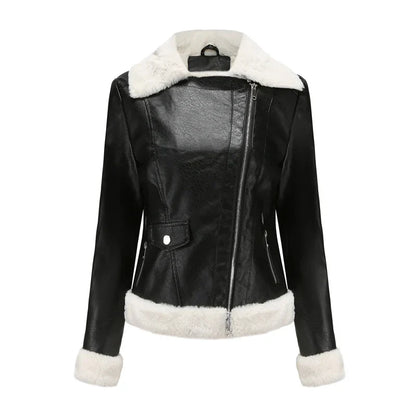 Women Shearling Lined Leather Jacket with Fur Collar