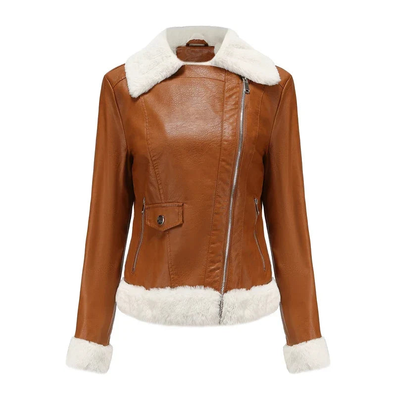 Women Shearling Lined Leather Jacket with Fur Collar