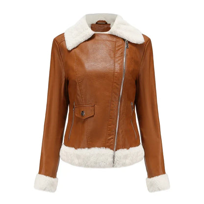 Women Shearling Lined Leather Jacket with Fur Collar