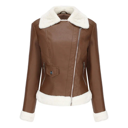 Women Shearling Lined Leather Jacket with Fur Collar