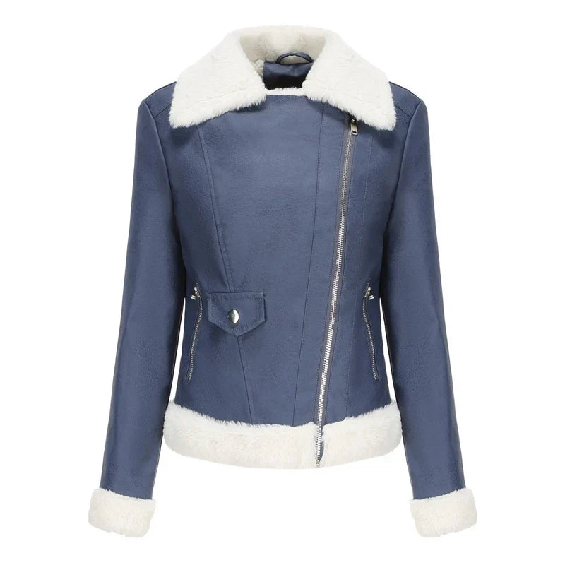 Women Shearling Lined Leather Jacket with Fur Collar