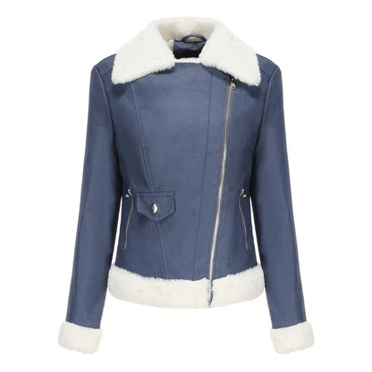 Women Shearling Lined Leather Jacket with Fur Collar